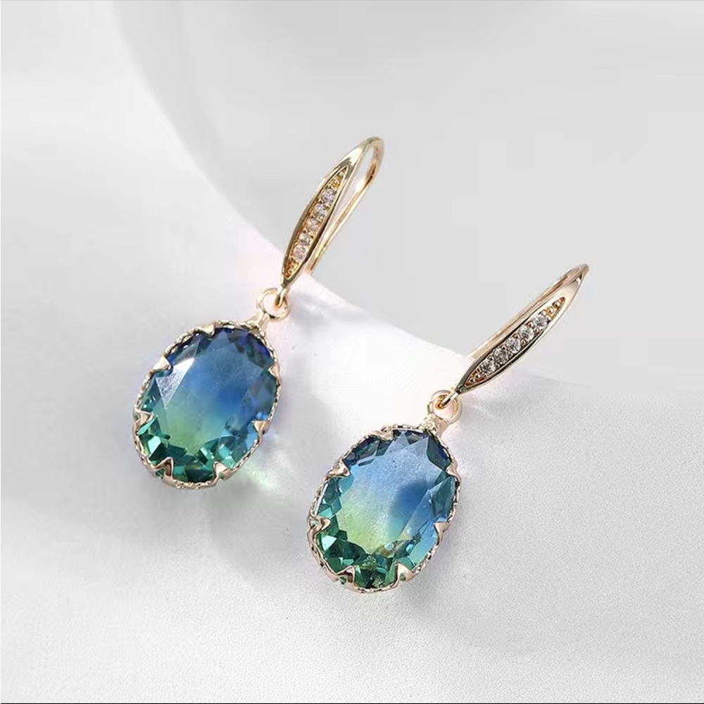 New Bright Oval Gemstone Pendant Temperament Tourmaline Earrings - Picture 3 of 8